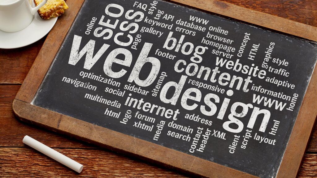 Web design and SEO terms on chalkboard