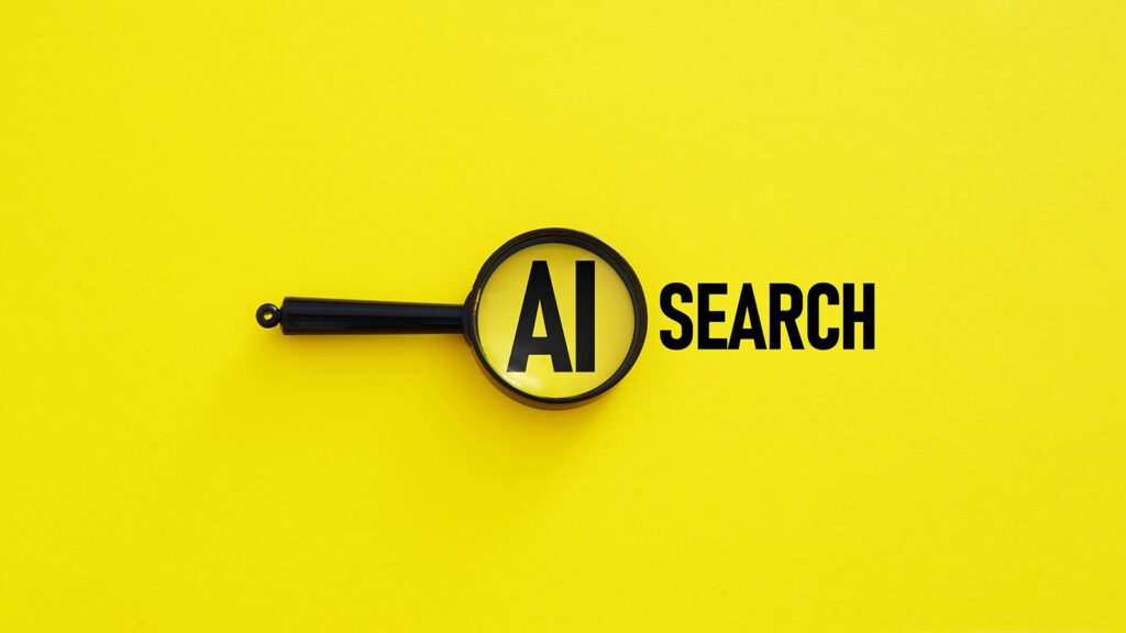 Illustration of AI search magnifying glass on a bright yellow background, representing innovative digital marketing and SEO solutions in Minneapolis.