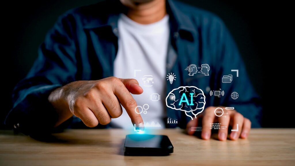Man using smartphone with AI technology icons.