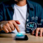 Man using smartphone with AI technology icons.