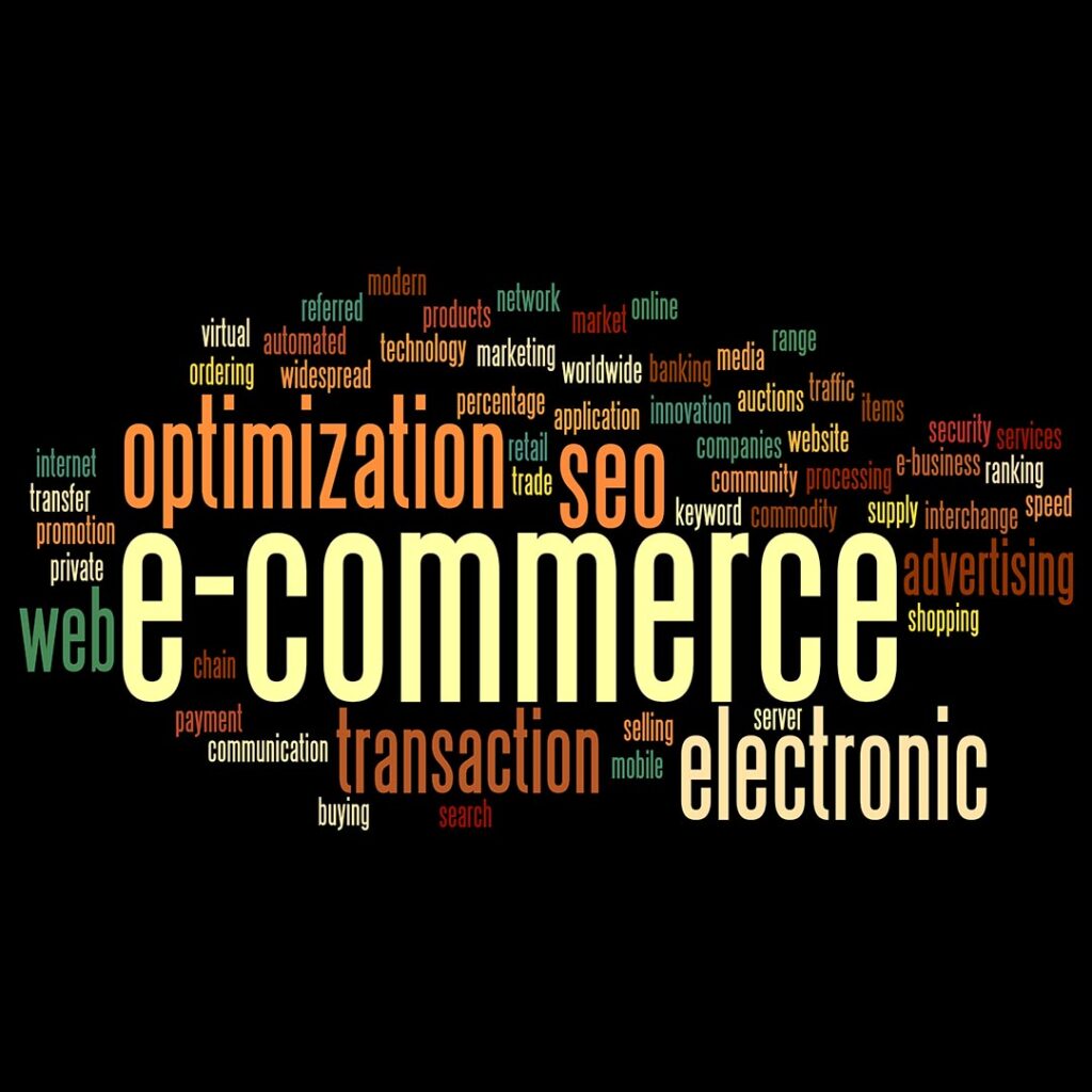 Word cloud image highlighting e-commerce, SEO, optimization, electronic, transaction, and digital marketing keywords for web development.